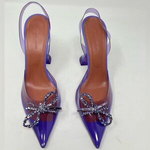 Amina Muaddi Rosie Glass Bow PVC Purple Crystal Slingback Sandal Heel Pump 39